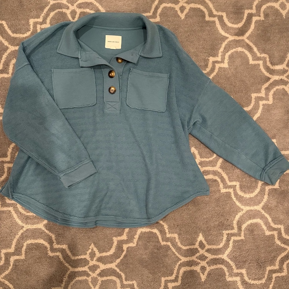 American Eagle Outfitters Teal Long Sleeve Polo